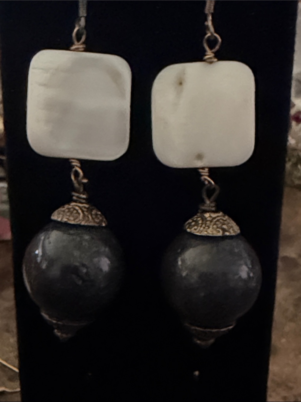 Elegant slate grey & mother of pearl White  square Drop Earrings  pierced